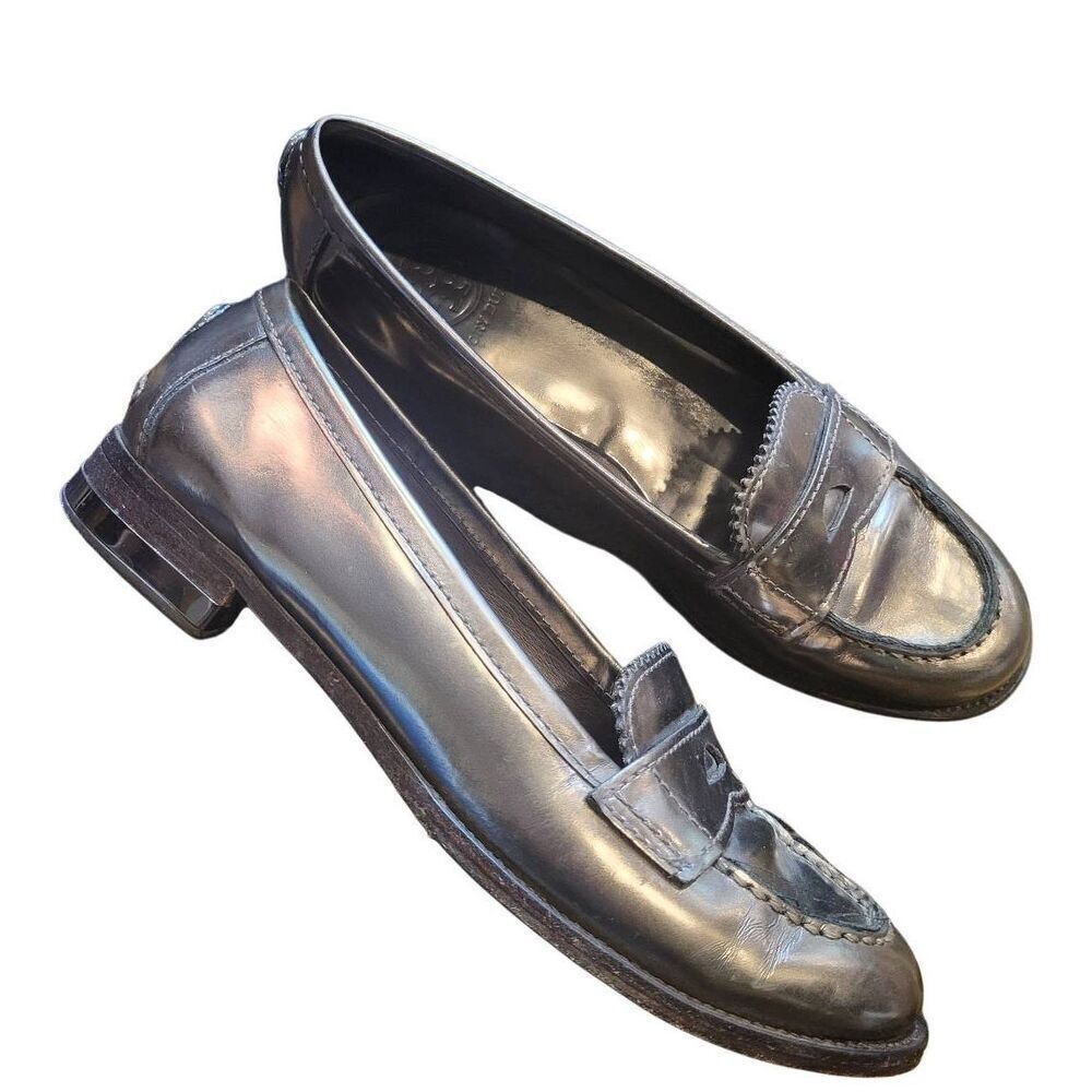 Tory Burch Loafers Women's 7 Pewter Metallic Leather Driving Shoes